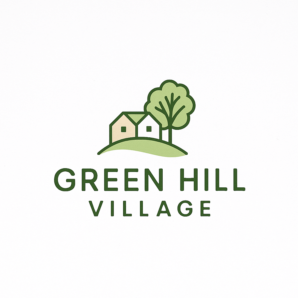Design a modern and elegant logo for Green Hill Village, a gated residential community featuring multiple homes, a café, a gym, and green spaces.
