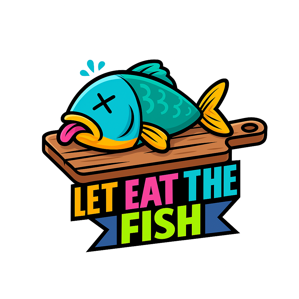 Create a logo for A dead fish on the table the name is let eat the fish.