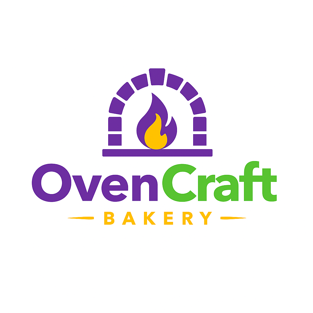 Create a logo for Oven craft  bakery logo with purple, green and yellow colour.