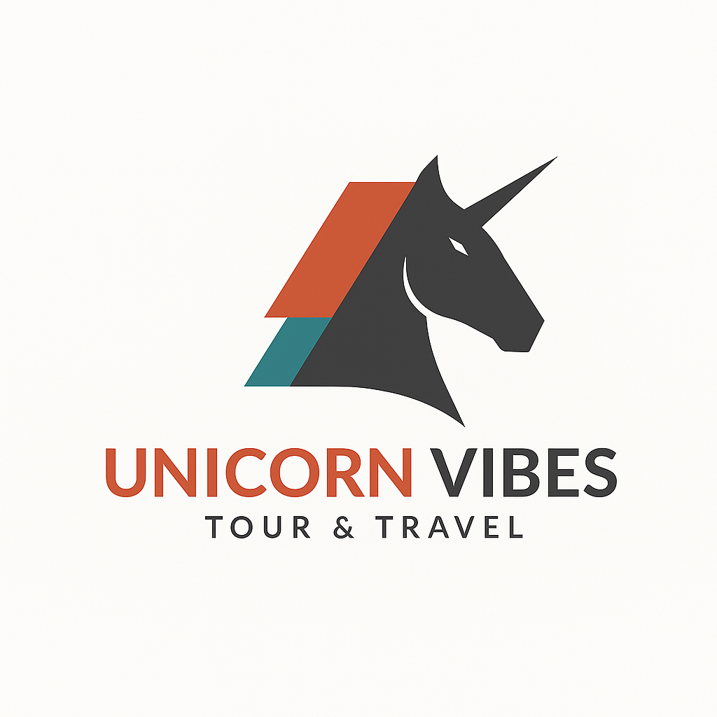 Make a logo of unicorn vibes tour and travel.